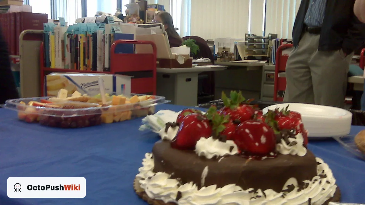 Chocolate cake with strawberries at an office party, illustrating birthday wishes for boss
