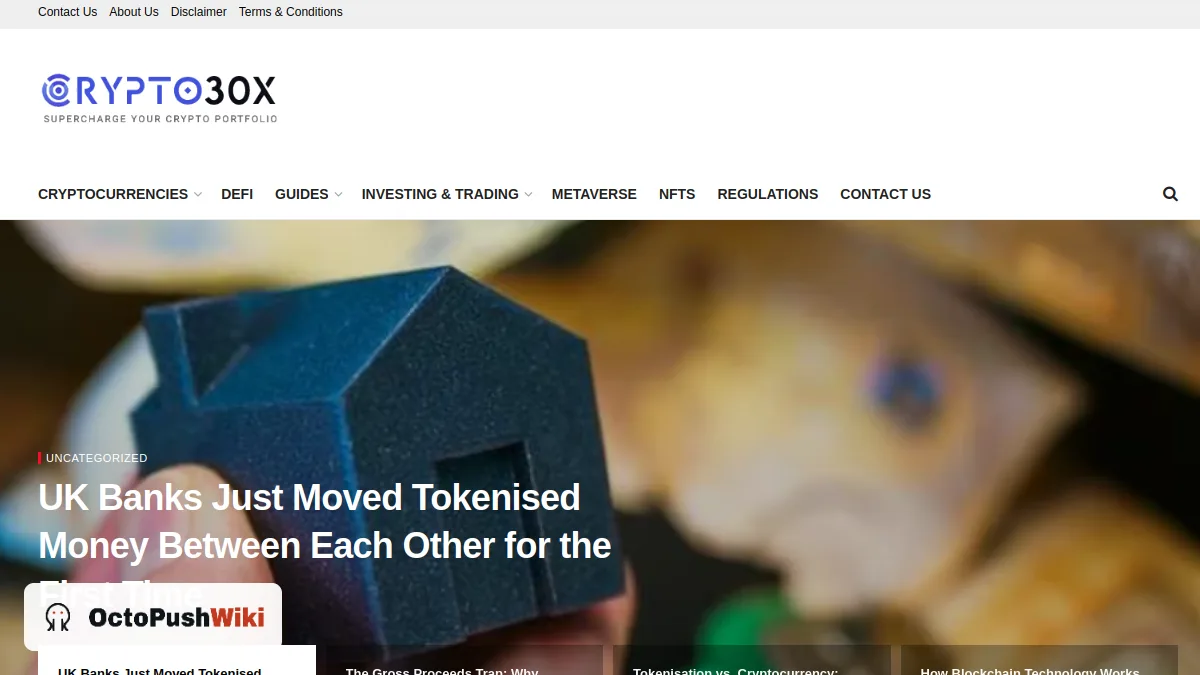 Screenshot of the crypto30x com homepage showing its crypto news menu