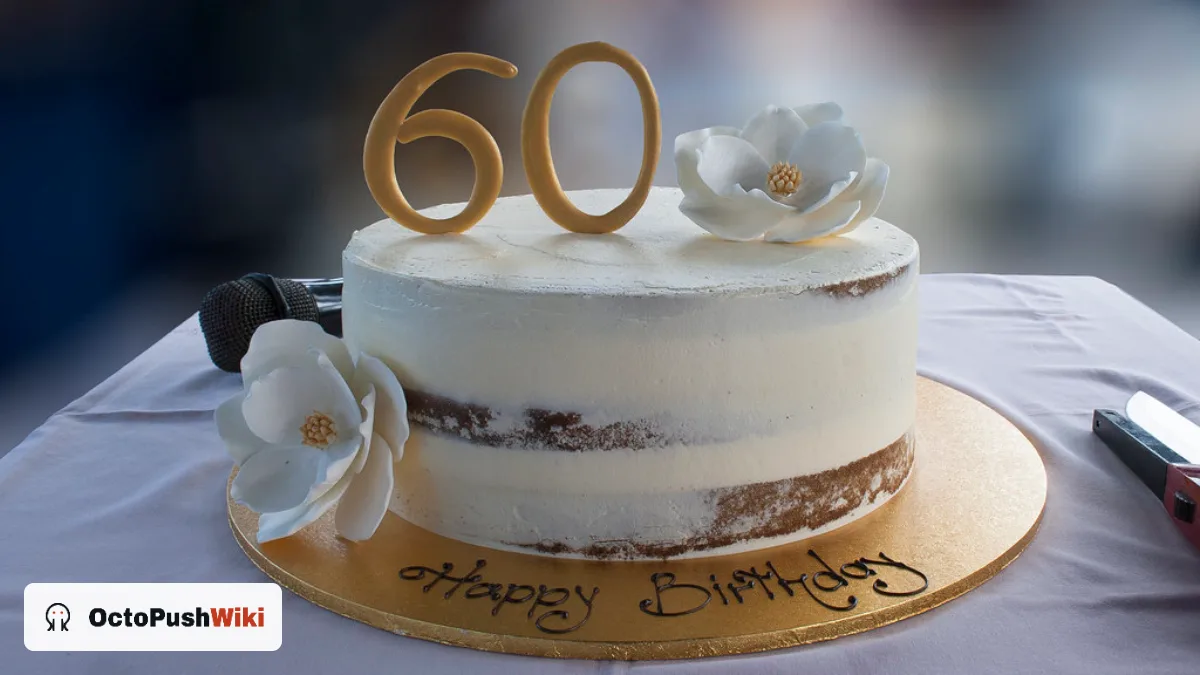 White 60th birthday cake with gold number 60 topper and sugar flowers, an idea to pair with funny 60th birthday wishes