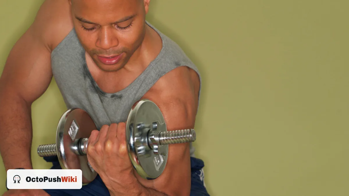 Man in a gray sleeveless training shirt doing dumbbell curls, the kind of workout the Reebok men's Train Sleeveless Tech Tee is made for